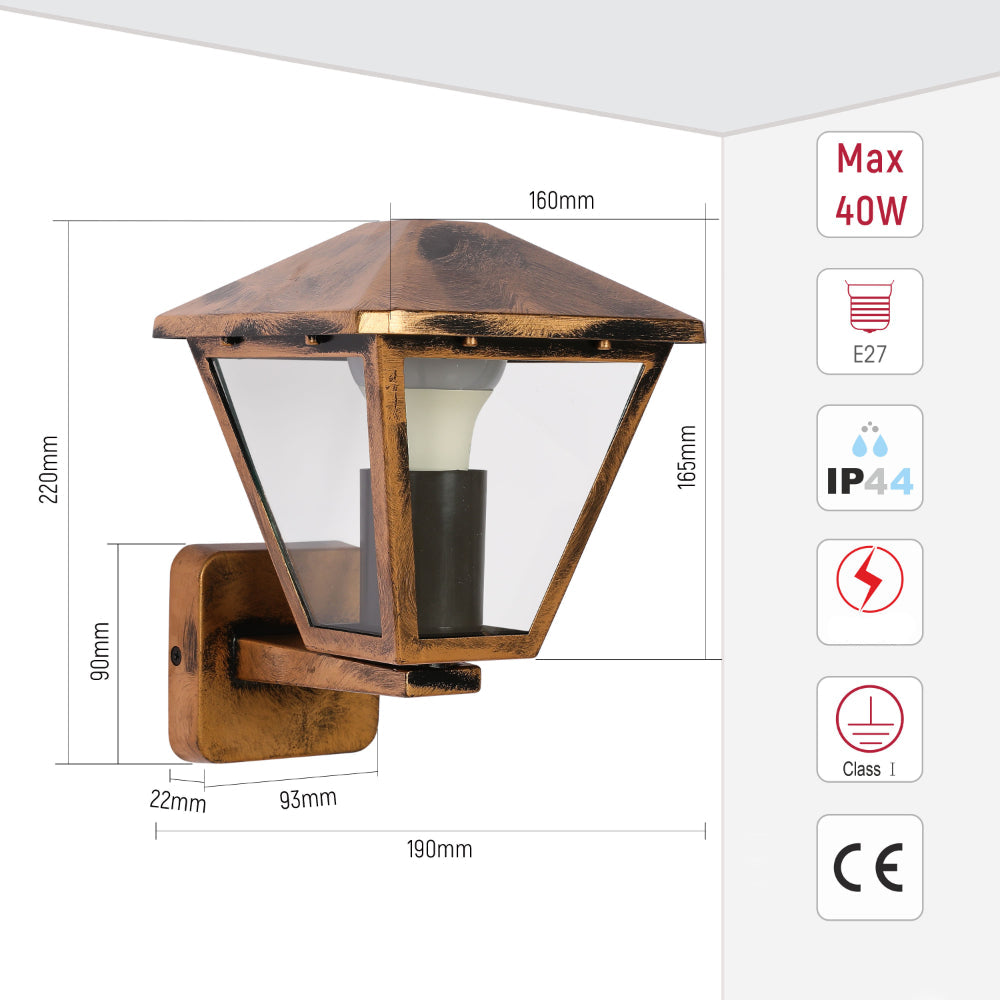 Lámpara de pared exterior estilo rústico, ideal para terrazas o jardines, perfecta para iluminar y embellecer espacios al aire libre.