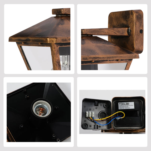 Lámpara de pared para exterior con formato lantern, perfecta para patios de estilo rústico o contemporáneo.