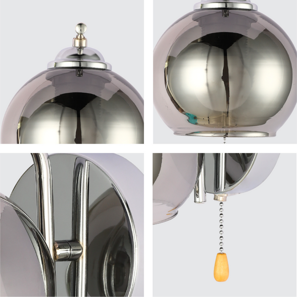 Luz de pared en forma de L con pantalla de vidrio ámbar, ideal para salones de estilo moderno y elegante, con interruptor de cadena.