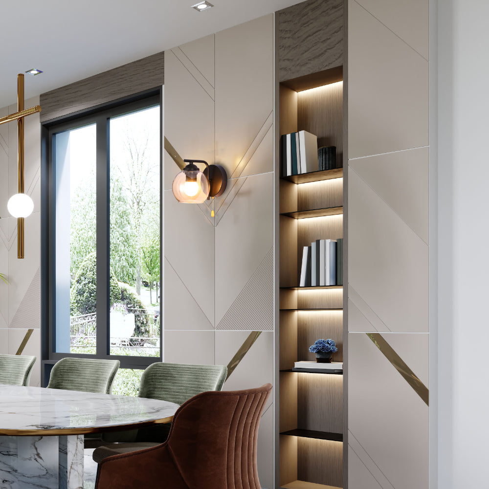 Aplique de pared de vidrio ámbar con forma de dome, ideal para espacios contemporáneos como oficinas o salas de estar.