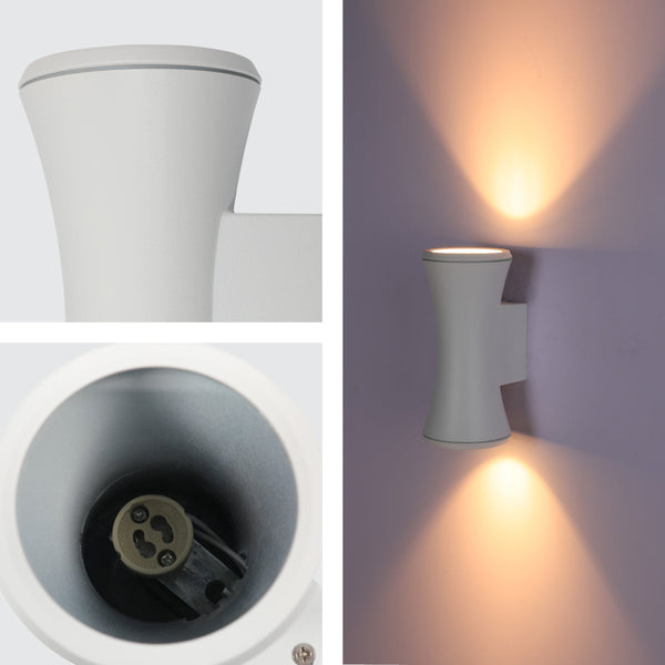 Luz de pared exterior de aluminio en forma de reloj de arena, ideal para patios modernos y entradas contemporáneas.