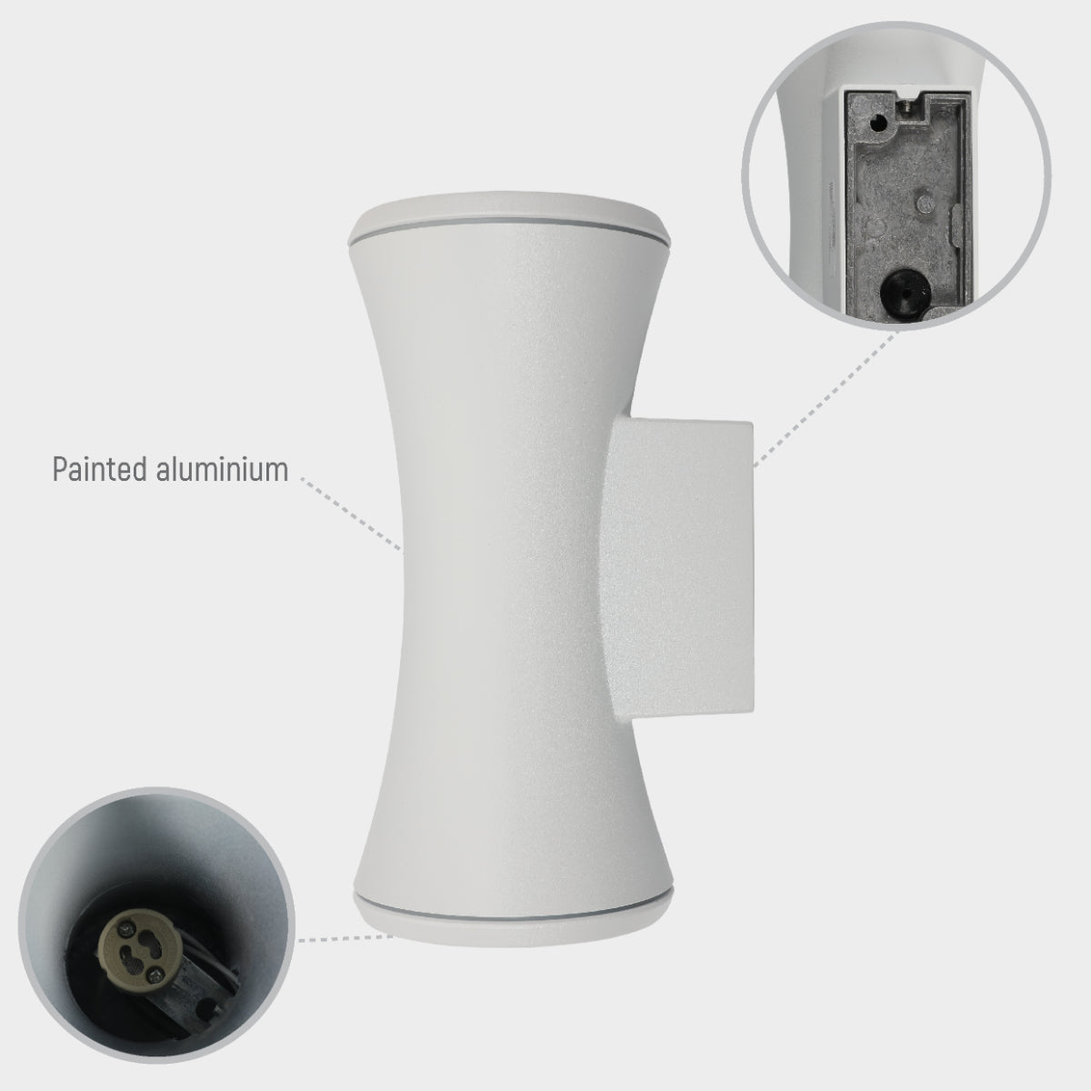 Luz de pared exterior de aluminio en forma de hourglass, perfecta para patios con decoración moderna.