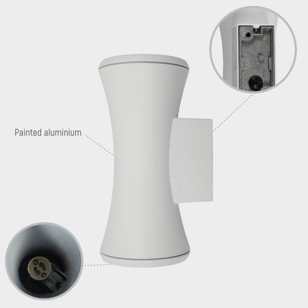 Luz de pared exterior de aluminio en forma de hourglass, perfecta para patios con decoración moderna.