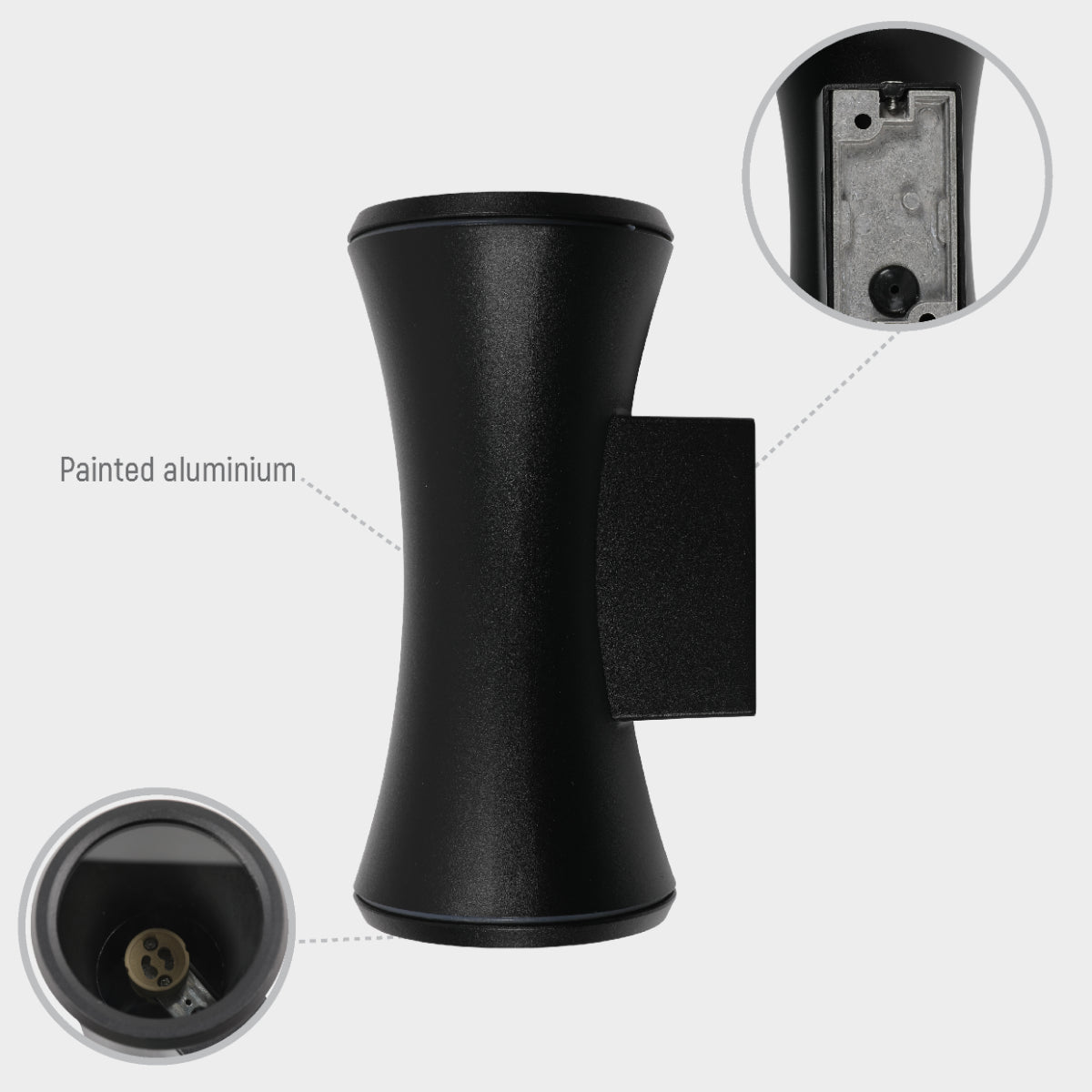 Imagen de detalle de luz de pared exterior de aluminio en forma de reloj de arena, ideal para espacios al aire libre con estilo moderno.