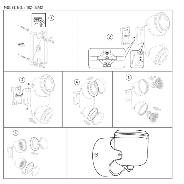 Imagen técnica de un aplique de pared exterior orientable, ideal para patios modernos, con dos focos GU10 y acabado negro.