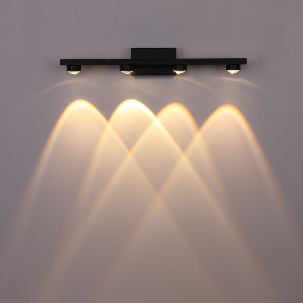 Luz de pared LED en espejo nórdico negro, ideal para baños modernos, combinando estilo y funcionalidad.