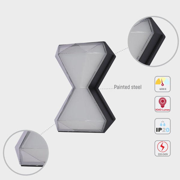 Luz de pared LED moderna en forma de reloj de arena, perfecta para espacios contemporáneos como salones o pasillos decorados.