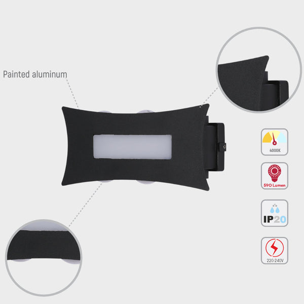 Aplique de pared LED moderno negro, ideal para salones contemporáneos, emitiendo luz hacia arriba y abajo para un ambiente acogedor.