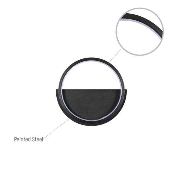Luz de pared LED redonda negra, ideal para baños modernos, con iluminación cálida de 3000K y diseño elegante.