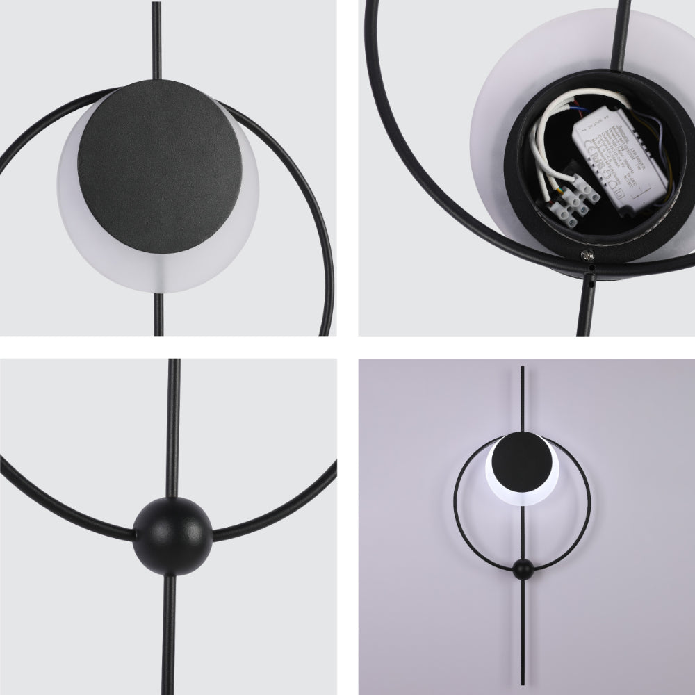 Luz de pared LED moderna en forma geométrica de luna y círculo, perfecta para decoraciones contemporáneas en salas o oficinas.