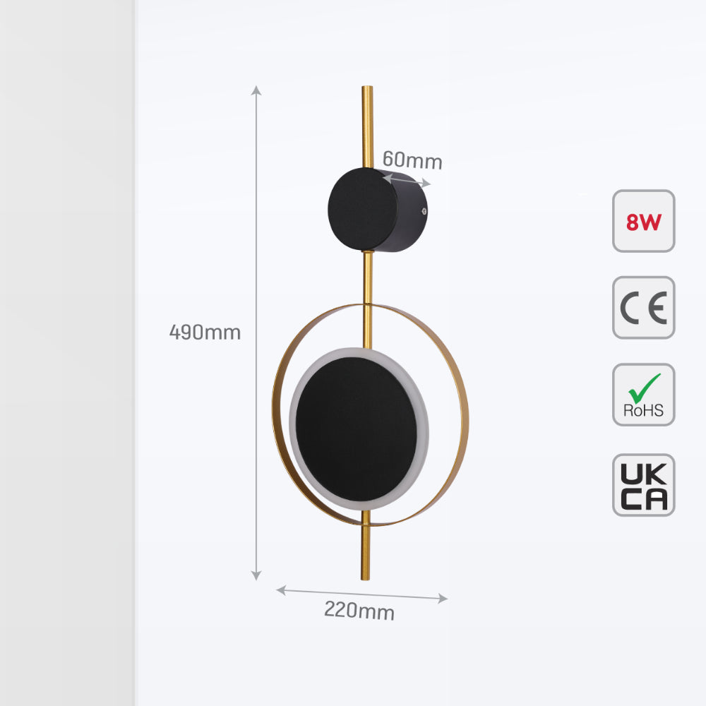 Luz de pared LED moderna en diseño geométrico negro y círculo dorado, ideal para salas con estilo contemporáneo.