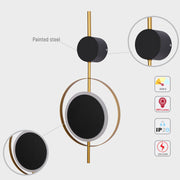 Luz de pared LED moderna con diseño geométrico negro y círculo dorado, perfecta para salones contemporáneos.