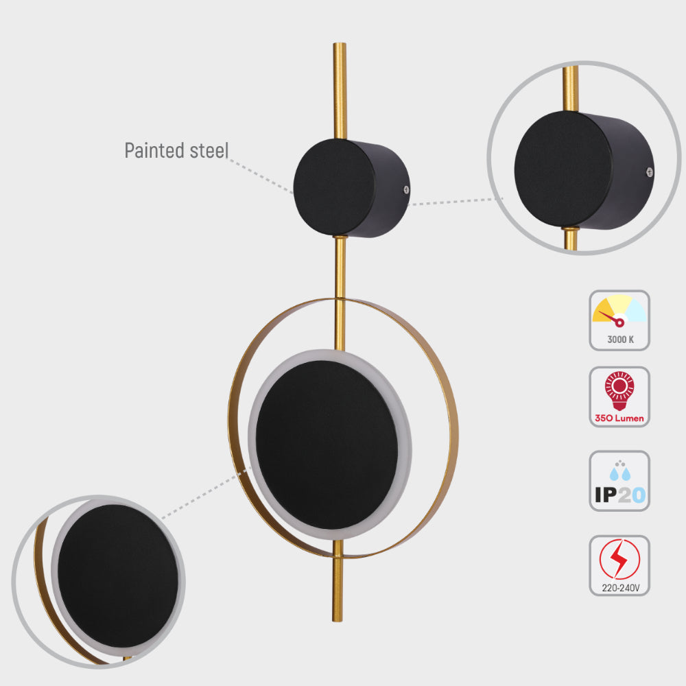 Luz de pared LED moderna con diseño geométrico negro y círculo dorado, perfecta para salones contemporáneos.