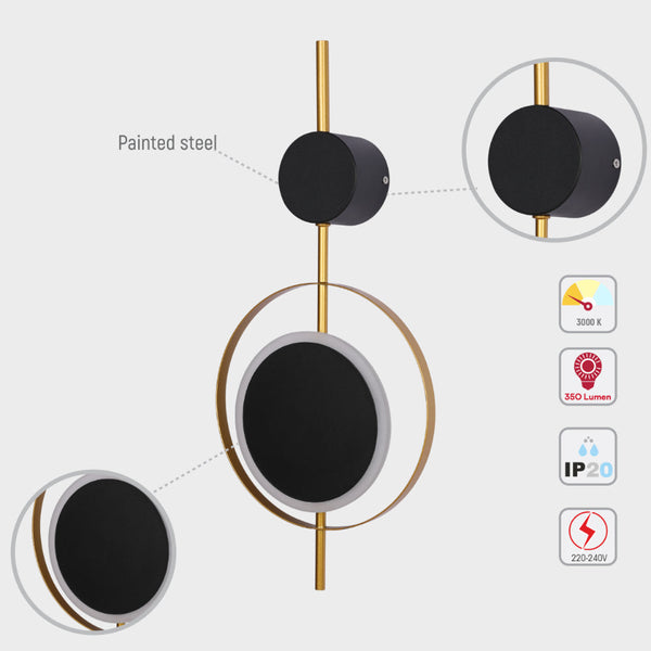 Luz de pared LED moderna con diseño geométrico negro y círculo dorado, perfecta para salones contemporáneos.