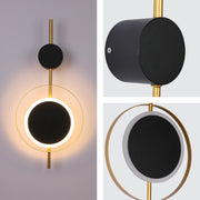 Luz de pared LED geométrica en forma de luna negra y círculo dorado, perfecta para un salón moderno y decoraciones contemporáneas.
