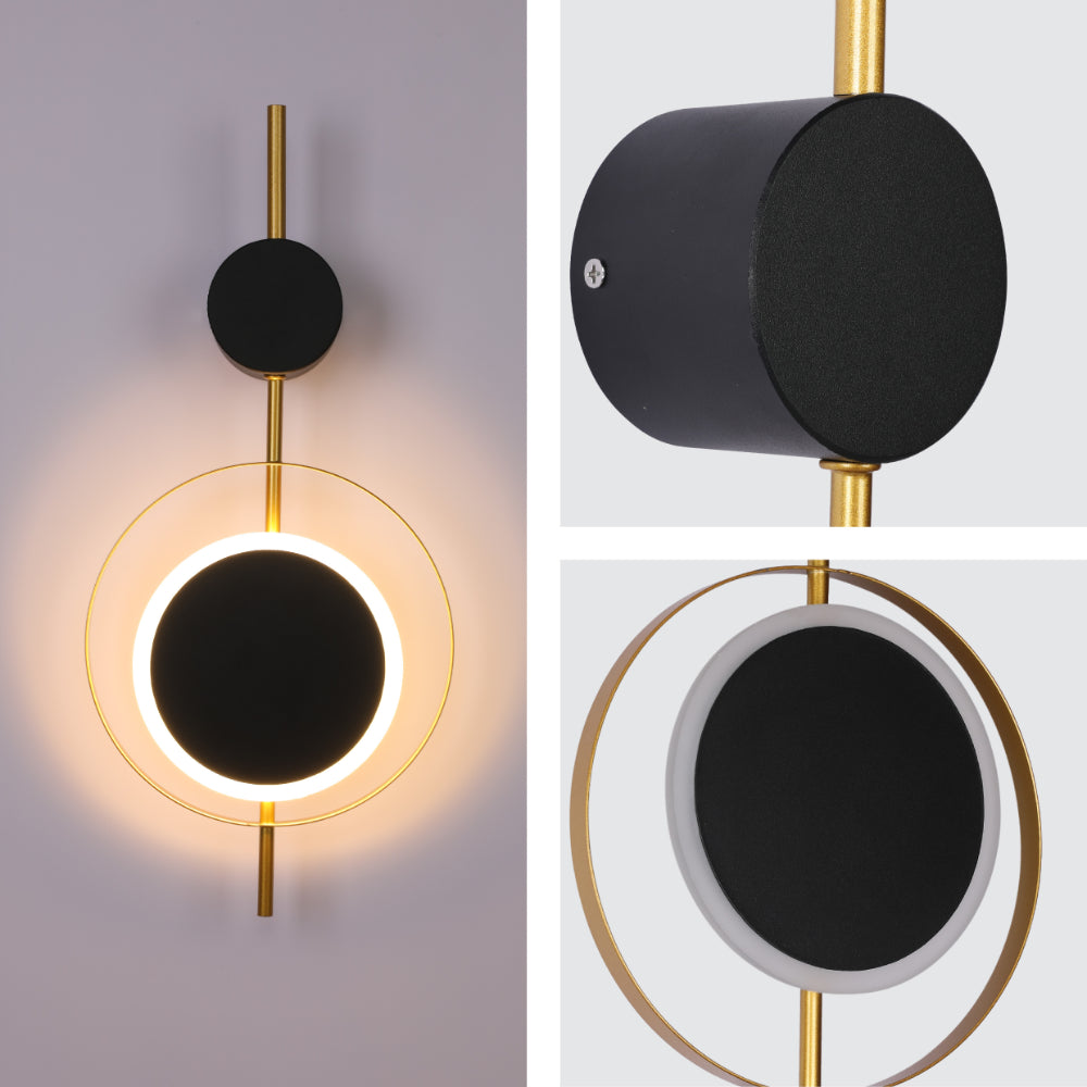 Luz de pared LED geométrica en forma de luna negra y círculo dorado, perfecta para un salón moderno y decoraciones contemporáneas.