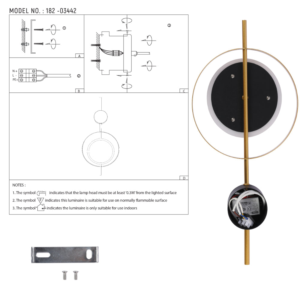 Luz de pared LED moderna con diseño geométrico de luna negra en círculo dorado, ideal para decoraciones contemporáneas.