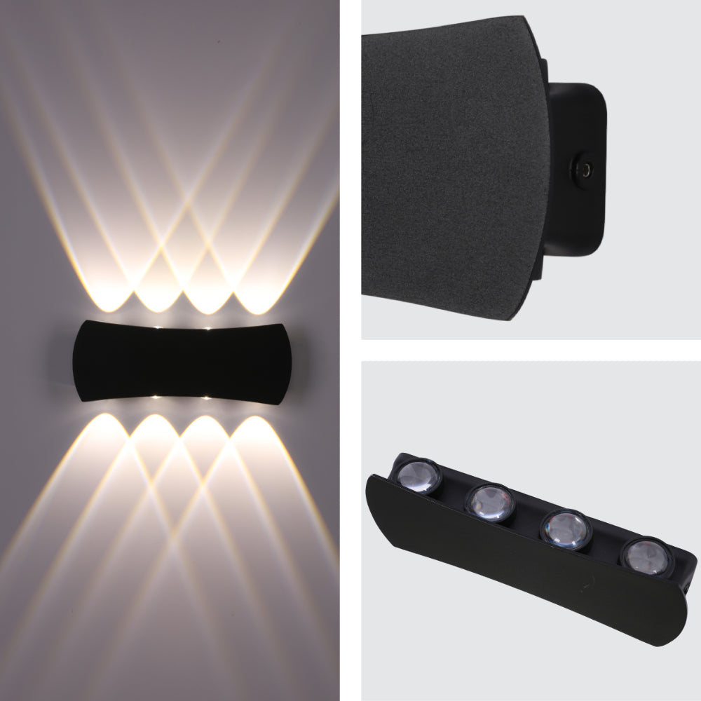 Luz de pared LED moderna y negra para exteriores, ideal para patios y entradas con estilo contemporáneo.