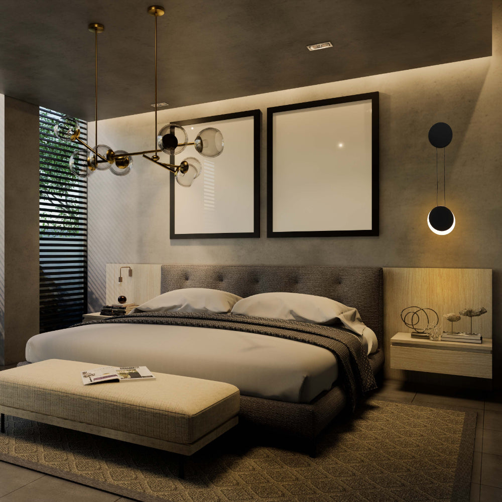 Luz de pared LED moderna en forma de luna, perfecta para espacios nórdicos, proyectando una suave iluminación de 3000K.