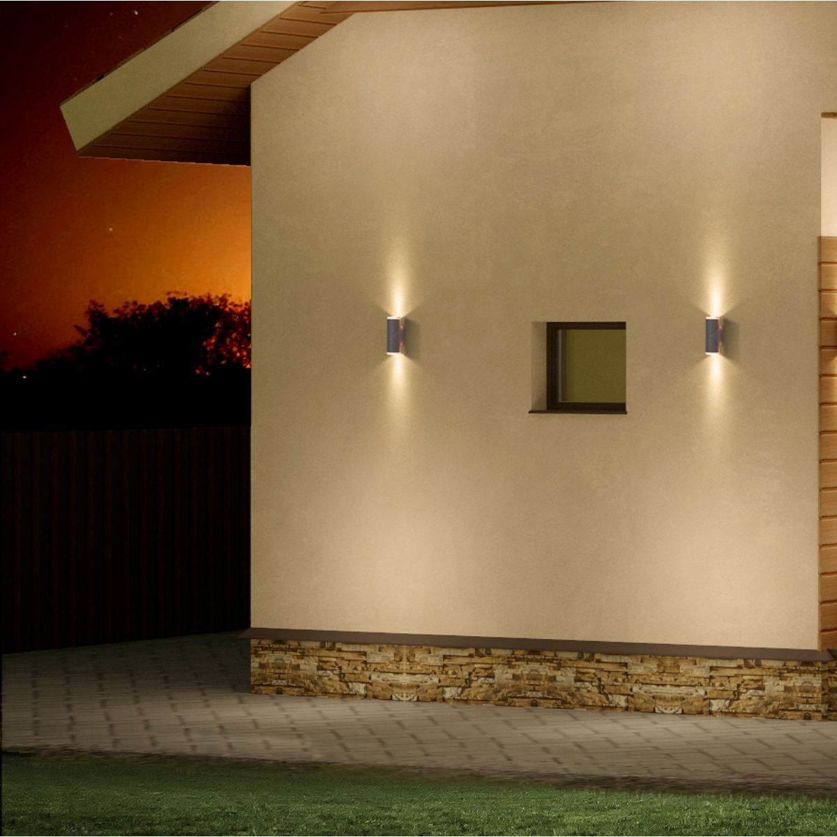 Luz pared LED exterior con cilindros rotativos, ideal para jardines o patios con diseño moderno y funcional.