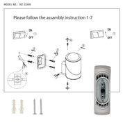 Dibujo técnico de aplique de pared LED rotativo, ideal para espacios exteriores, con luz de haz amplio y versatilidad en iluminación.