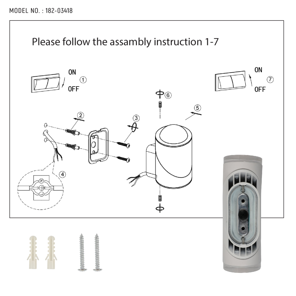 Dibujo técnico de aplique de pared LED rotativo, ideal para espacios exteriores, con luz de haz amplio y versatilidad en iluminación.