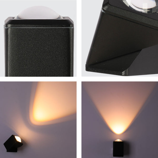 Primer plano de un aplique de pared LED negro rotatable, ideal para exteriores modernos, con luz de haz estrecho de 3000K.