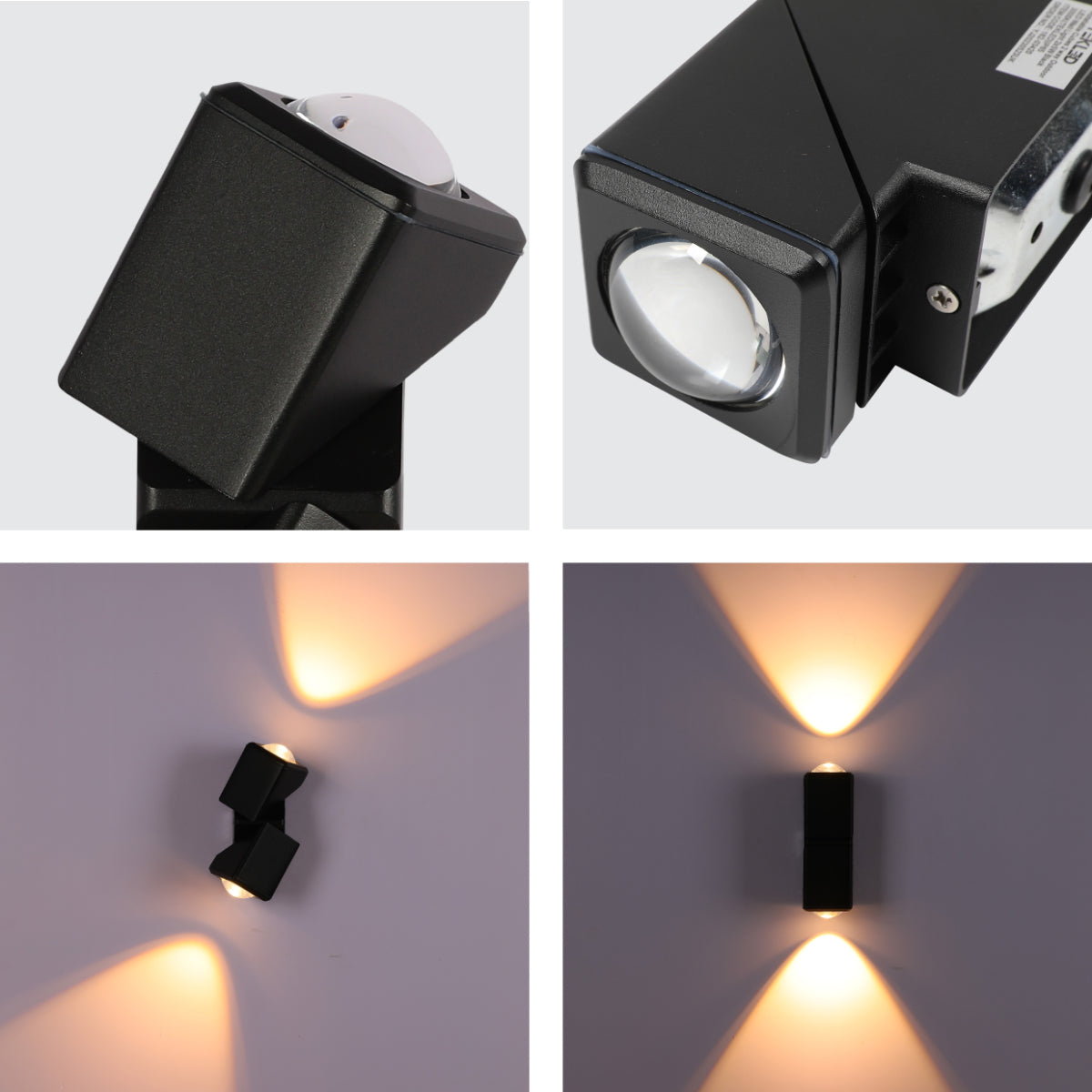 Acercamiento a la luz de pared LED exterior con cubos rotativos, ideal para patios modernos y decoraciones contemporáneas.
