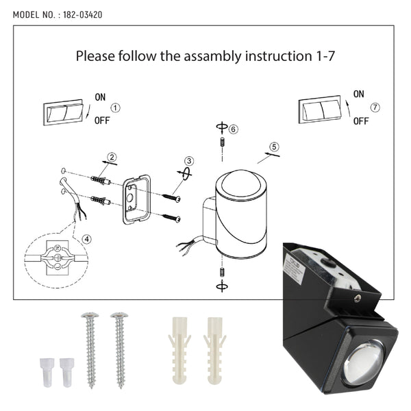 Dibujo técnico de luz de pared LED exterior rotativa en negro, ideal para patios modernos, con detalle de dimensiones y características.