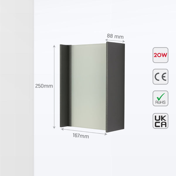 Luz LED de pared exterior de 20W, perfecta para entradas y fachadas, con diseño moderno y acabado elegante.