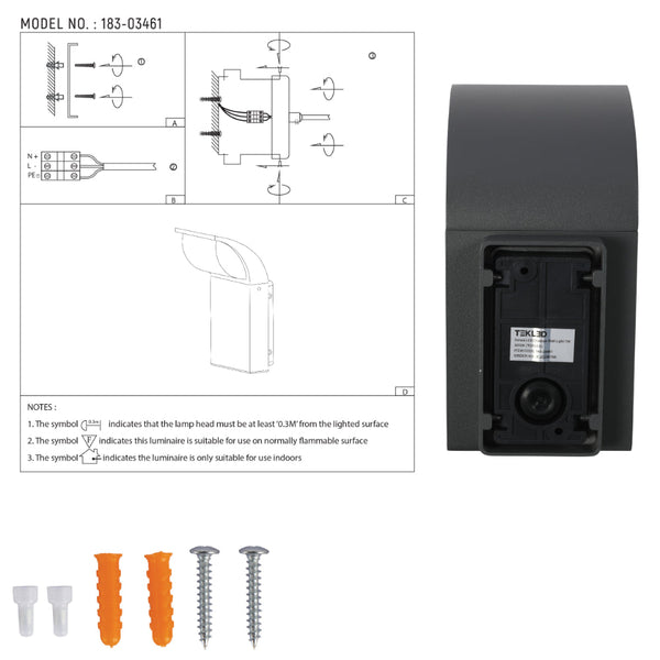 Luz LED de pared exterior con diseño moderno, ideal para iluminar patios o jardines en decoraciones contemporáneas.