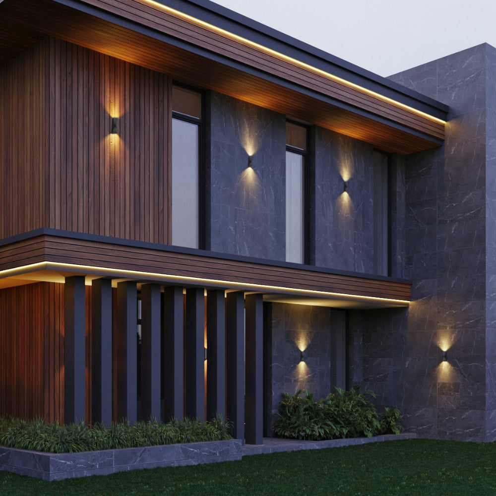Luz de pared LED exterior ajustable, ideal para patios modernos; brinda versatilidad de temperatura de color para un ambiente acogedor.