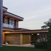 Luz de pared LED exterior ajustable, ideal para patios modernos, ofreciendo iluminación en tres temperaturas Kelvin.