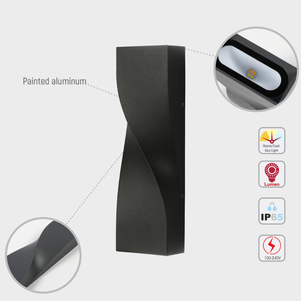 Luz de pared LED exterior ajustable, ideal para jardines modernos, con tres temperaturas de color y diseño contemporáneo.