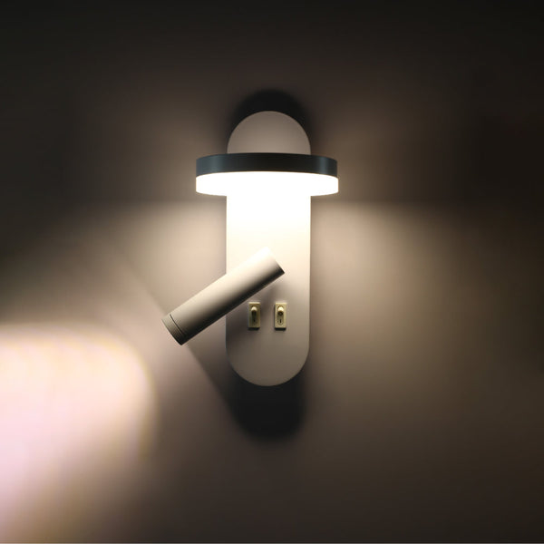 Luz LED de pared para lectura en cama, con diseño elegante y moderno, ideal para dormitorios contemporáneos.