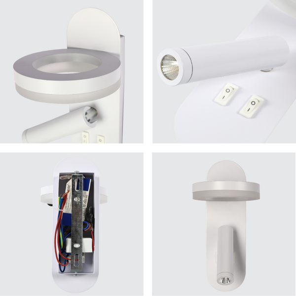 Luz de pared LED en forma de halo, perfecta para dormitorios modernos, ideal para lectura junto a la cama.