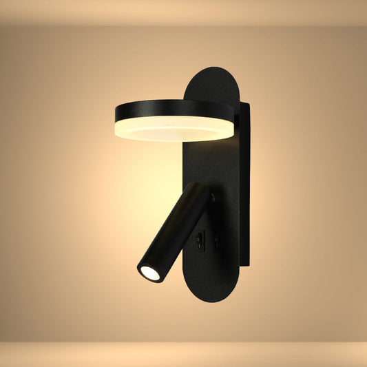 Luz de lectura LED de pared en forma de halo, ideal para dormitorios con decoración moderna y elegante.