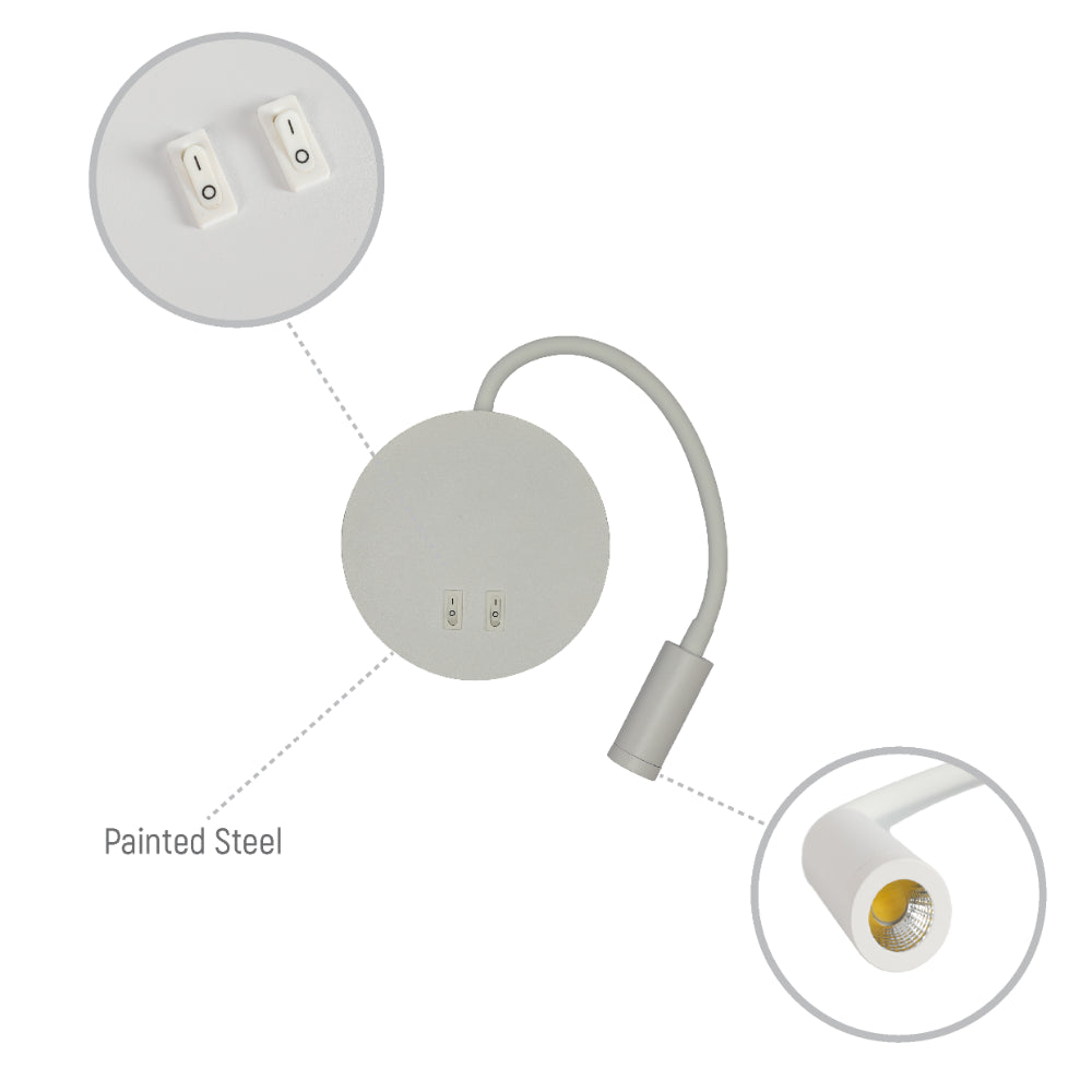 Lámpara de pared LED de estilo moderno, ideal para la lectura en dormitorios contemporáneos, con brazo articulado y diseño funcional.
