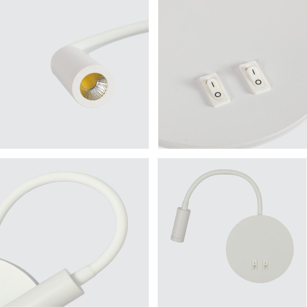 Lámpara de pared LED gooseneck ideal para leer en dormitorios modernos, combinando funcionalidad y estilo contemporáneo.