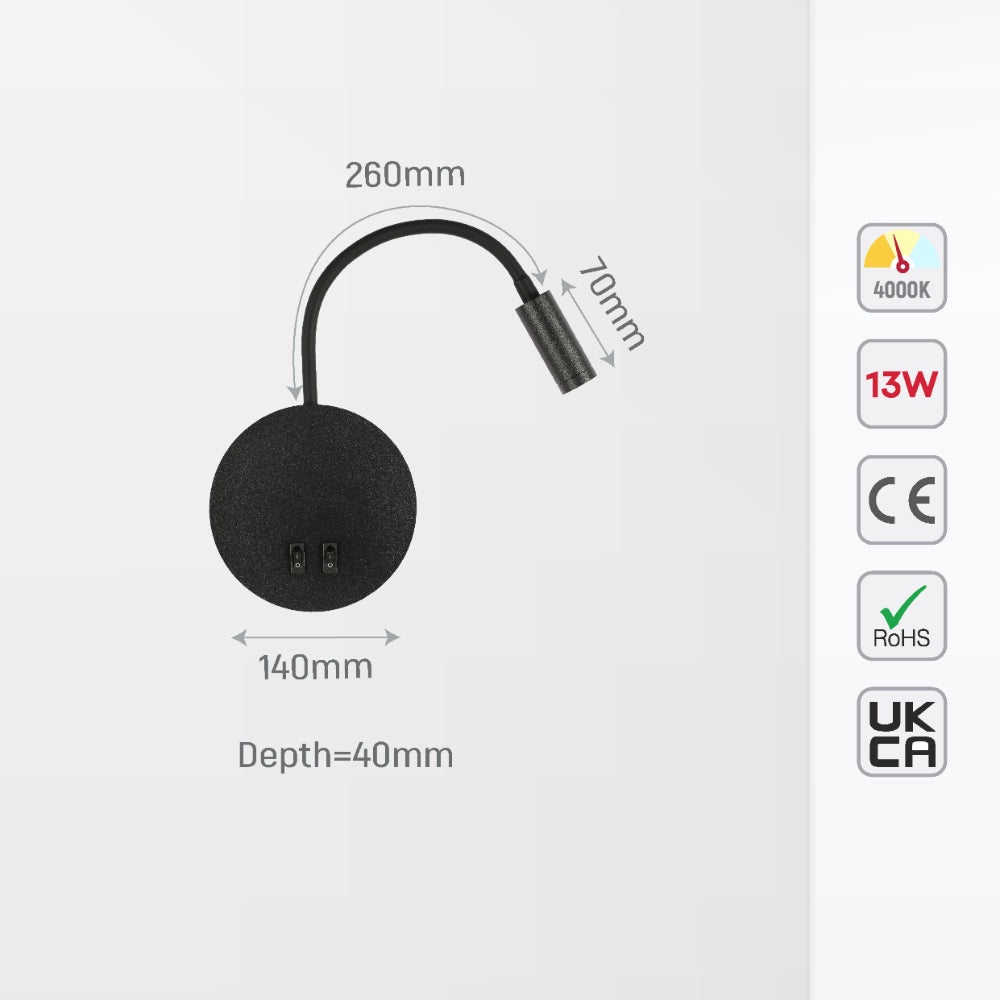 Luz de pared LED tipo gooseneck ideal para lectura en dormitorio, con diseño moderno y funcional. Perfecta para espacios contemporáneos.