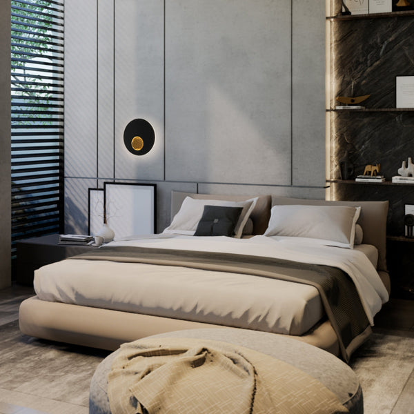 Luz de pared LED en forma circular, ideal para espacios modernos. Perfecta para salas de estar y oficinas con decoración contemporánea.