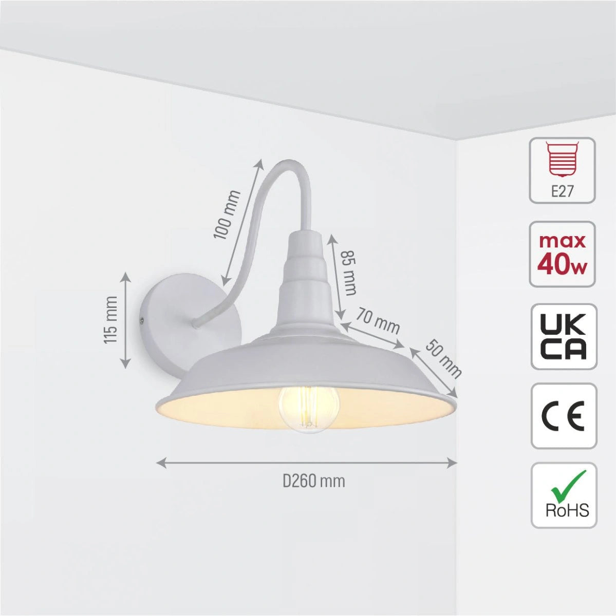 Size and specs of White Swan Step Metal Industrial Retro Wall Light with E27 Fitting | TEKLED 151-19610