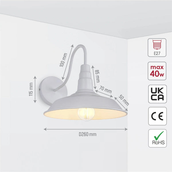 Size and specs of White Swan Step Metal Industrial Retro Wall Light with E27 Fitting | TEKLED 151-19610