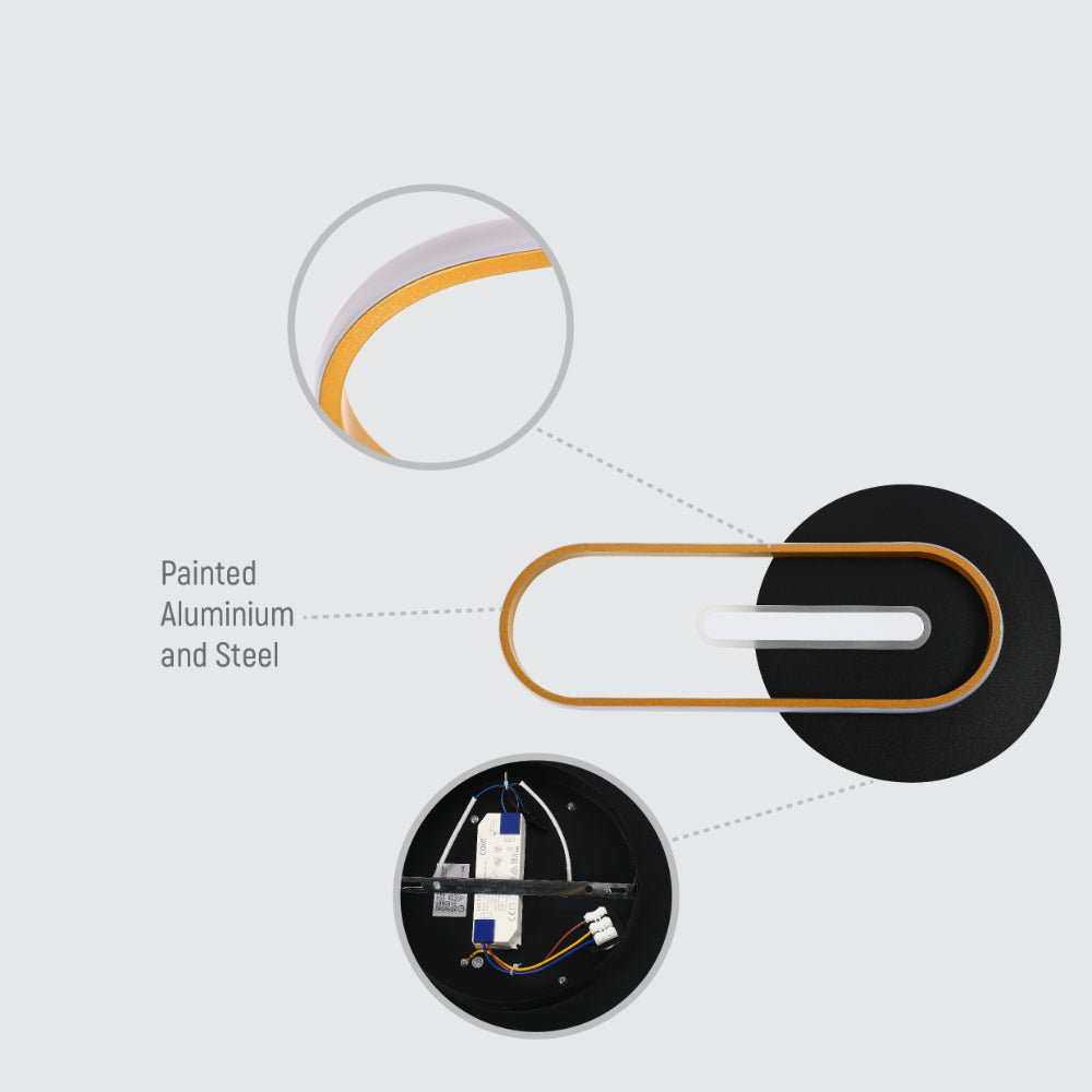 Luz LED de pared y techo en forma de eclipse, ideal para salas modernas con decoración minimalista.