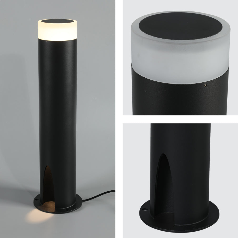 Luz de jardín tipo bolardo negro, ideal para iluminar caminos en exteriores con un diseño moderno y funcional.
