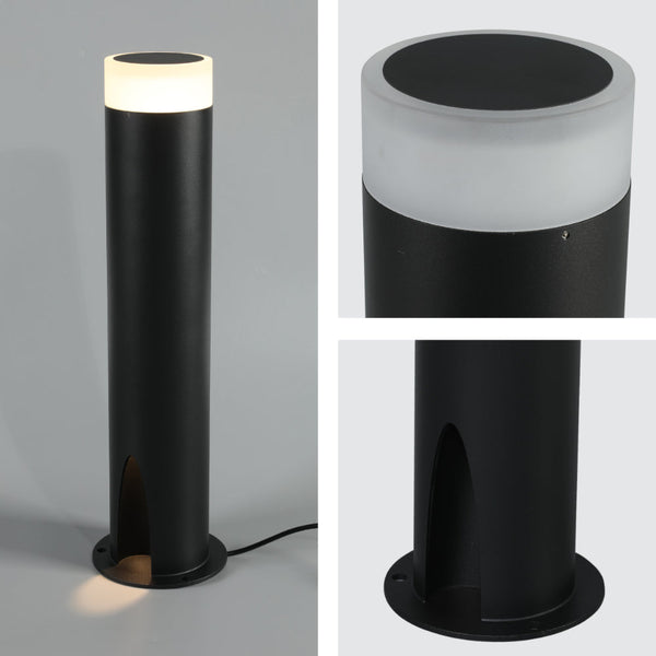 Luz de jardín tipo bolardo negro, ideal para iluminar caminos en exteriores con un diseño moderno y funcional.