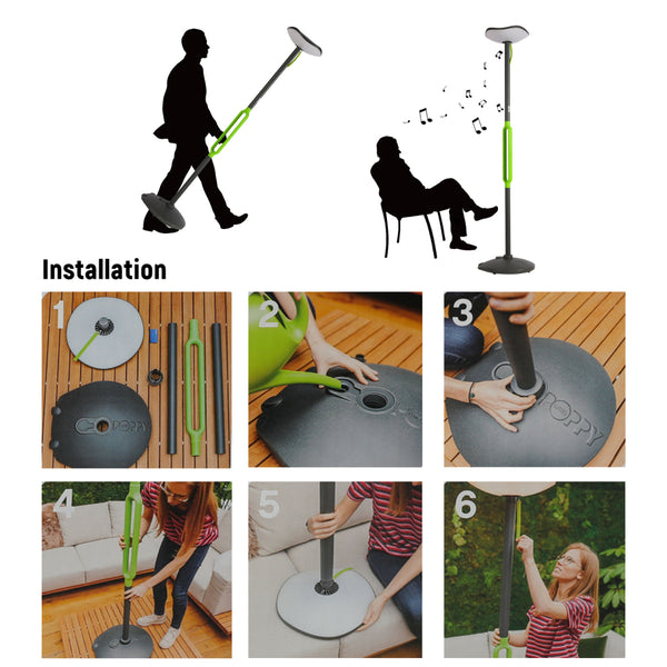 Primer plano de la lámpara de jardín solar con altavoz Bluetooth, perfecta para exteriores y decoración moderna. IP54 para uso resistente.