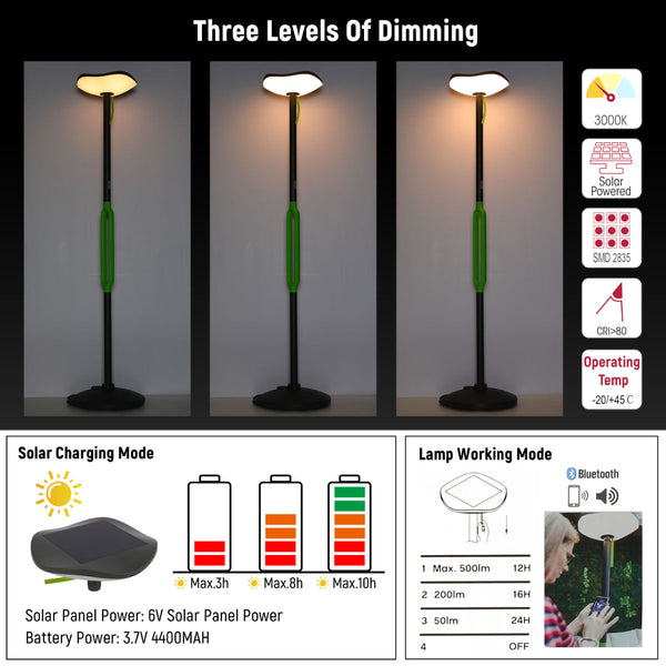 Luz de jardín solar con altavoz Bluetooth, ideal para patios contemporáneos, diseño oscuro y moderno, resistente al agua IP54.
