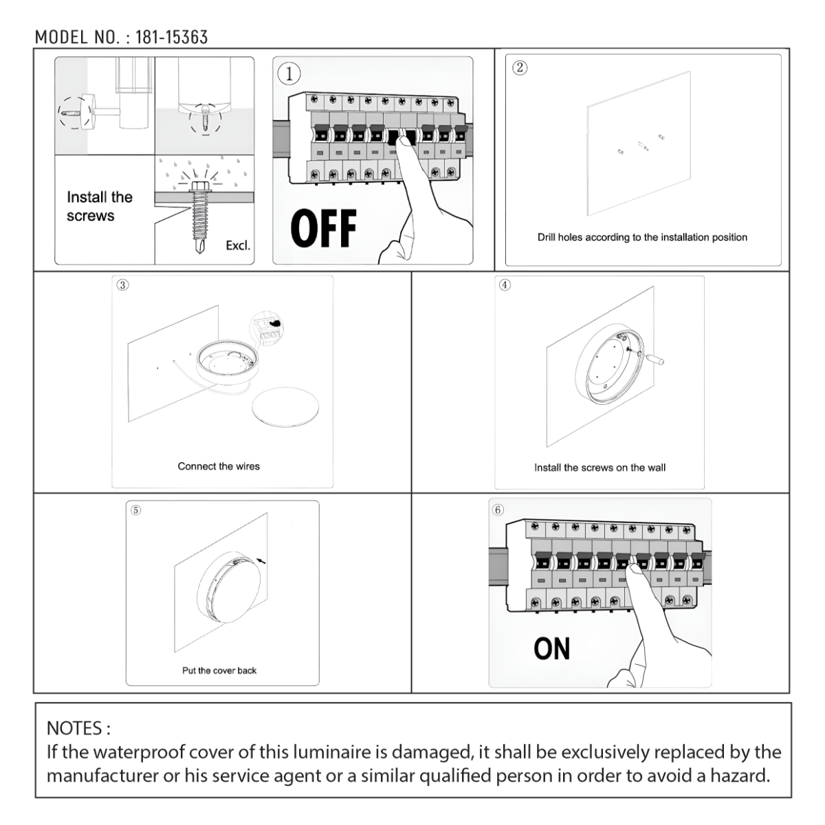 Dibujo técnico de la luz de bulkhead LED IP65, mostrando dimensiones y recomendaciones para instalación en exteriores.