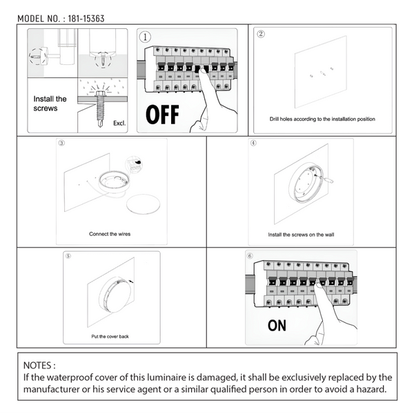 Dibujo técnico de la luz de bulkhead LED IP65, mostrando dimensiones y recomendaciones para instalación en exteriores.